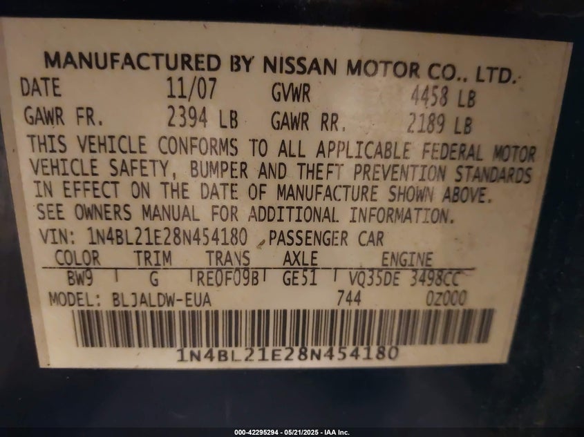 2008 NISSAN ALTIMA VIN: 1N4BL21E28N454180
