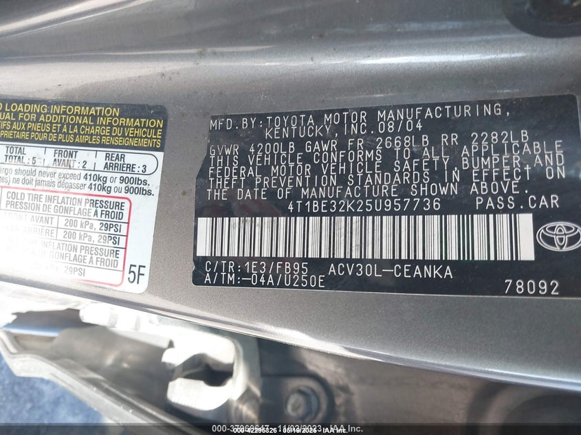 2005 Toyota Camry Le VIN: 4T1BE32K25U957736 Lot: 42295326