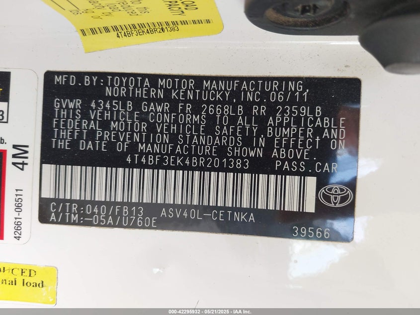 2011 TOYOTA CAMRY VIN: 4T4BF3EK4BR201383