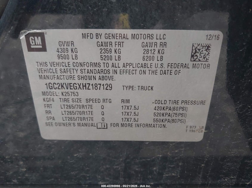 2017 CHEVROLET SILVERADO 2500HD VIN: 1GC2KVEGXHZ187129