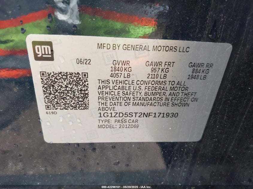 2022 Chevrolet Malibu Fwd Lt VIN: 1G1ZD5ST2NF171930 Lot: 42296181