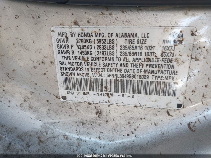 2005 Honda Odyssey Ex VIN: 5FNRL38495B015029 Lot: 42296183