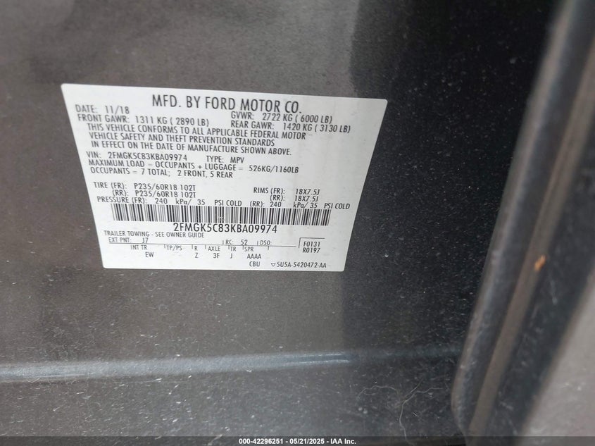 VIN 2FMGK5C83KBA09974 2019 FORD FLEX SEL