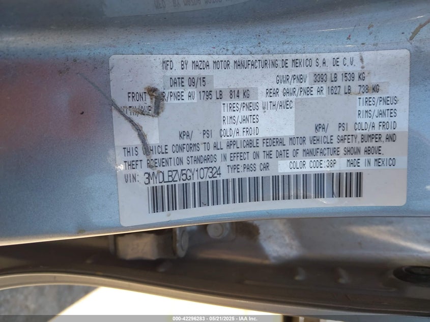 2016 SCION IA VIN: 3MYDLBZV5GY107324