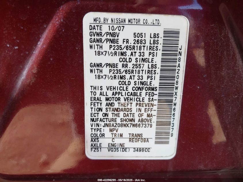 2007 Nissan Murano Sl VIN: JN8AZ08WX7W667379 Lot: 42296299