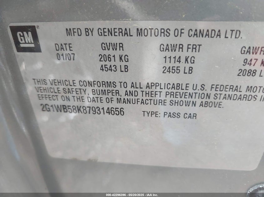 2007 CHEVROLET IMPALA VIN: 2G1WB58K879314656