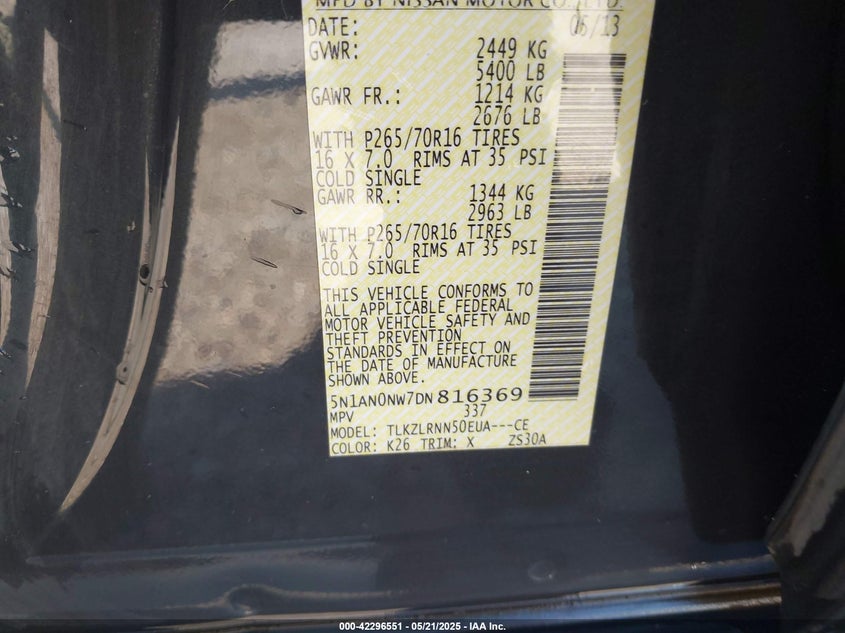 2013 NISSAN XTERRA VIN: 5N1AN0NW7DN816369
