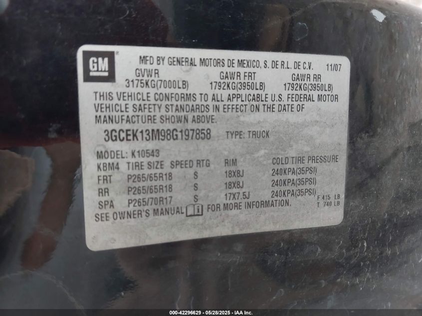 2008 Chevrolet Silverado 1500 Lt2 VIN: 3GCEK13M98G197858 Lot: 42296629