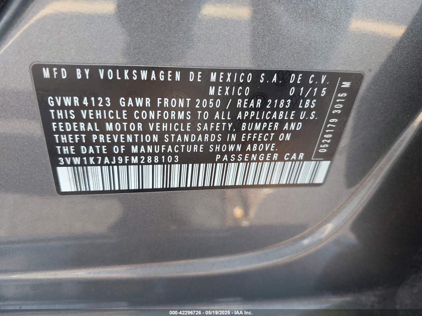 2015 VOLKSWAGEN JETTA 2.0L S - 3VW1K7AJ9FM288103