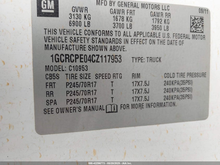 2012 CHEVROLET SILVERADO 1500 VIN: 1GCRCPE04CZ117953