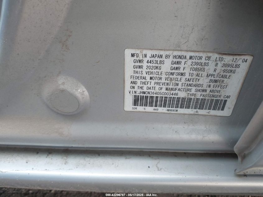 2005 Honda Accord Hybrid Ima VIN: JHMCN36405C003446 Lot: 42296787