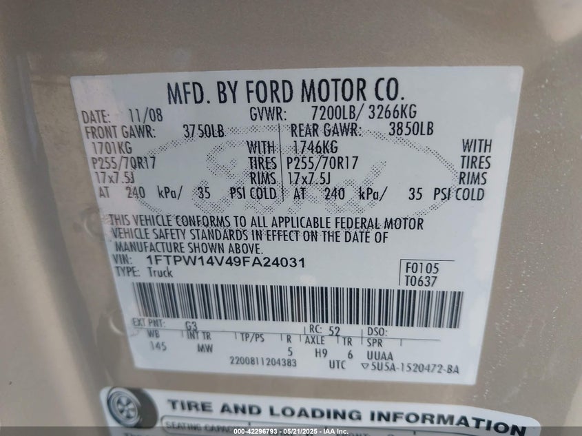 2009 FORD F-150 VIN: 1FTPW14V49FA24031