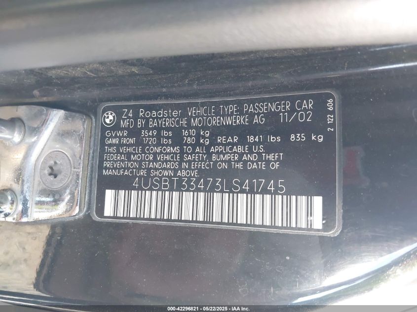 2003 BMW Z4 2.5I VIN: 4USBT33473LS41745 Lot: 42296821