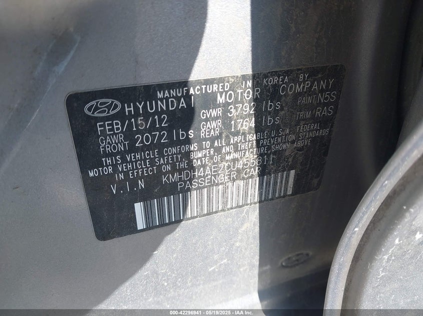 2012 HYUNDAI ELANTRA VIN: KMHDH4AE2CU455811