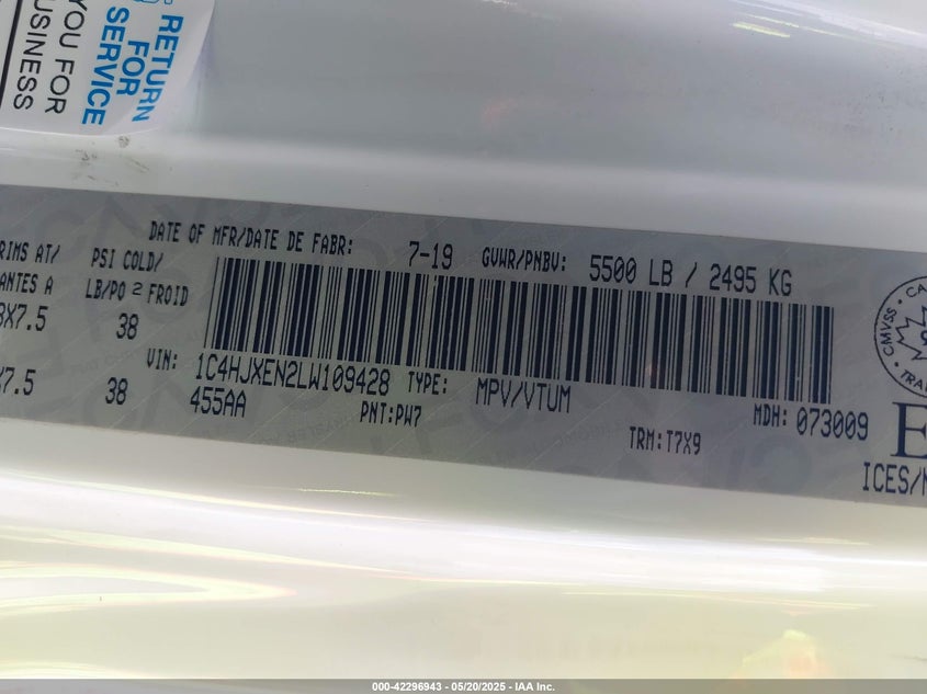 2020 JEEP WRANGLER / VIN: 1C4HJXEN2LW109428