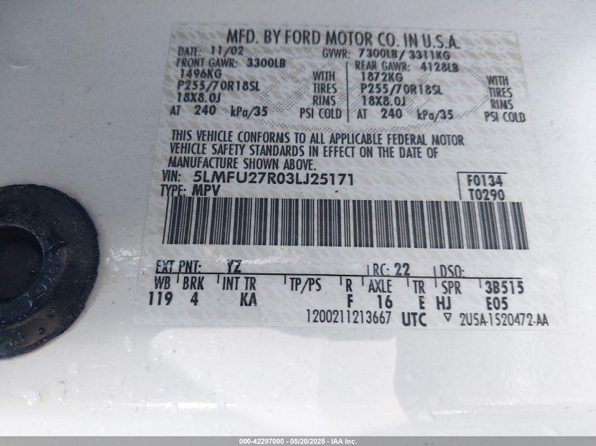 2003 Lincoln Navigator VIN: 5LMFU27R03LJ25171 Lot: 42297000