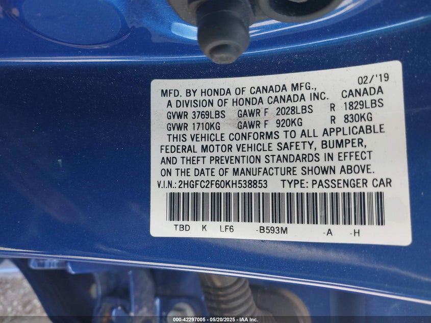 2019 HONDA CIVIC LX - 2HGFC2F60KH538853