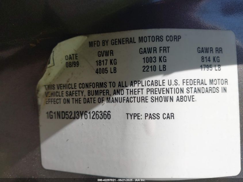 2000 Chevrolet Malibu VIN: 1G1ND52J3Y6126366 Lot: 42297021