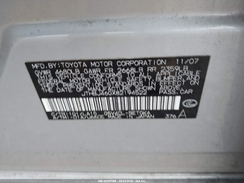 2008 Lexus Es 350 VIN: JTHBJ46GX82194522 Lot: 42297068