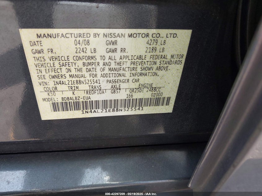 2008 NISSAN ALTIMA VIN: 1N4AL21E88N525541