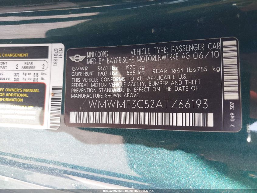 2010 Mini Cooper VIN: WMWMF3C52ATZ66193 Lot: 42297258