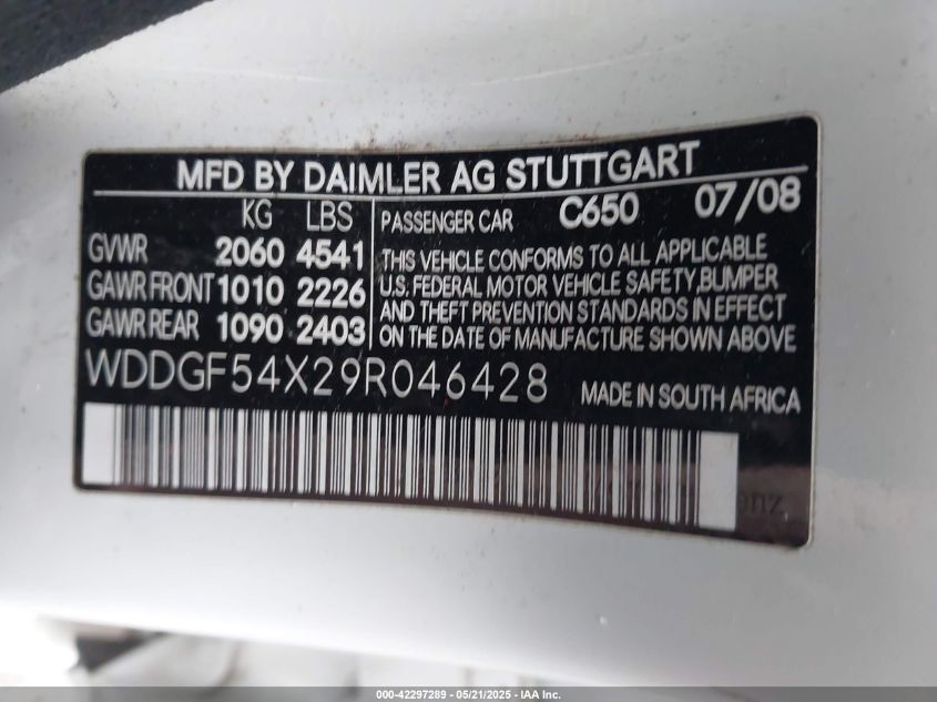 2009 Mercedes-Benz C 300 Luxury/Sport VIN: WDDGF54X29R046428 Lot: 42297289