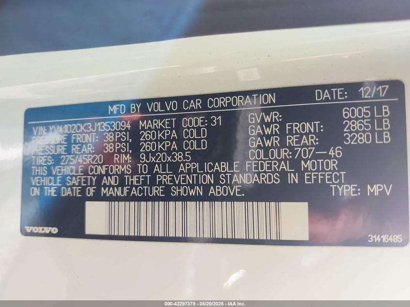 2018 VOLVO XC90 VIN: YV4102CK3J1353094