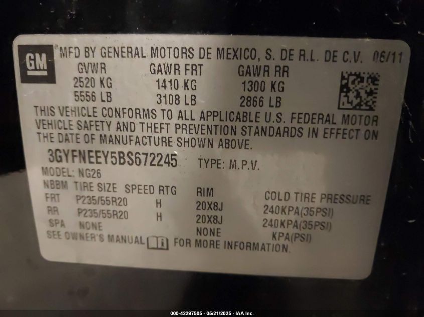 2011 Cadillac Srx Performance Collection VIN: 3GYFNEEY5BS672245 Lot: 42297505