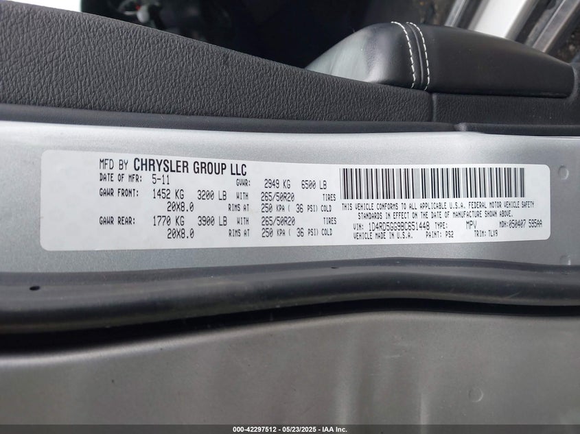 2011 DODGE DURANGO VIN: 1D4RD5GG9BC651448