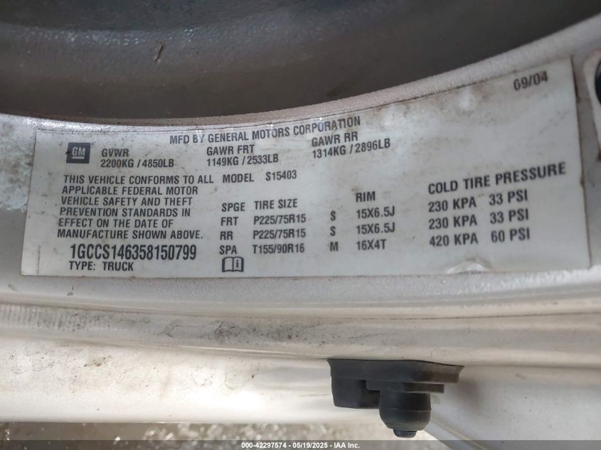 2005 Chevrolet Colorado Ls VIN: 1GCCS146358150799 Lot: 42297574