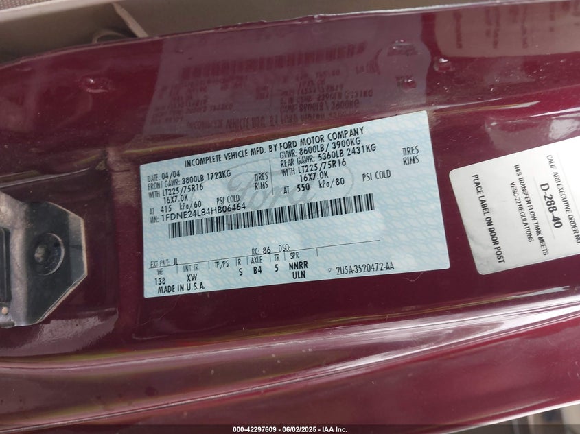 2004 Ford E-250 Recreational VIN: 1FDNE24L84HB06464 Lot: 42297609