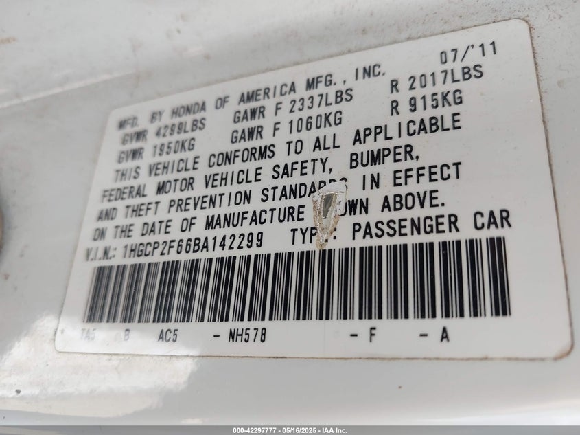 2011 HONDA ACCORD VIN: 1HGCP2F66BA142299
