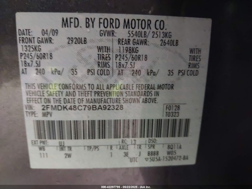 2009 Ford Edge Sel VIN: 2FMDK48C79BA92328 Lot: 43310830