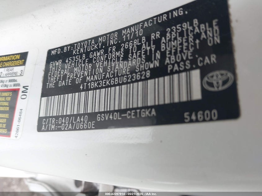 2011 TOYOTA CAMRY VIN: 4T1BK3EK6BU623628