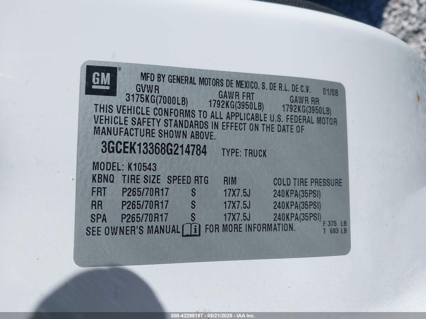 2008 CHEVROLET SILVERADO 1500 VIN: 3GCEK13368G214784