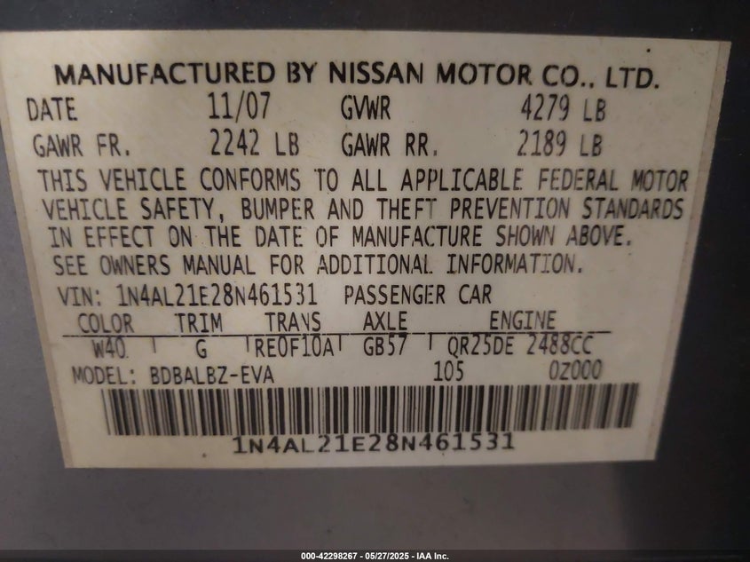 2008 NISSAN ALTIMA VIN: 1N4AL21E28N461531