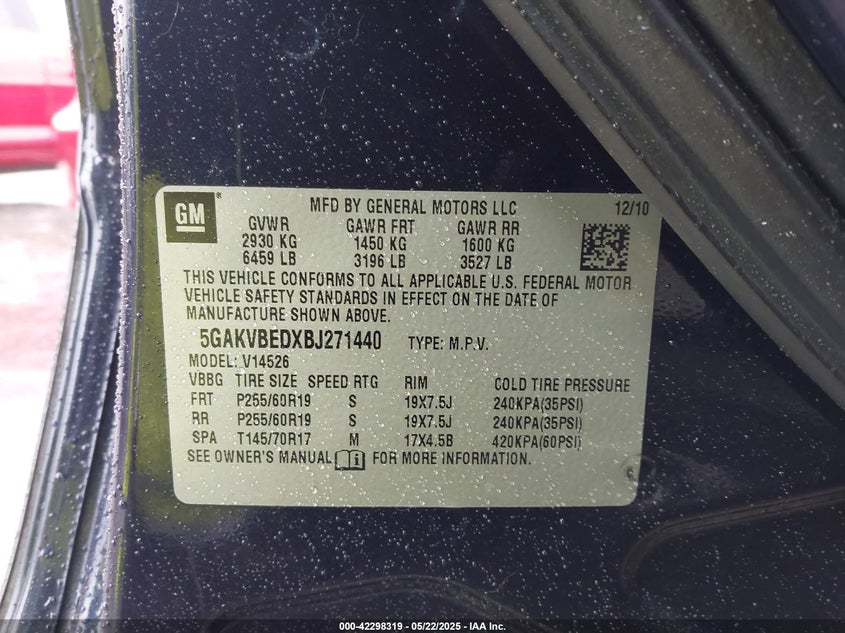 2011 BUICK ENCLAVE VIN: 5GAKVBEDXBJ271440