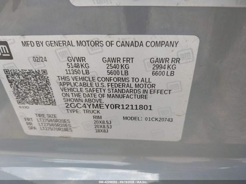 2024 Chevrolet Silverado 2500Hd VIN: 2GC4YMEY0R1211801 Lot: 42298392