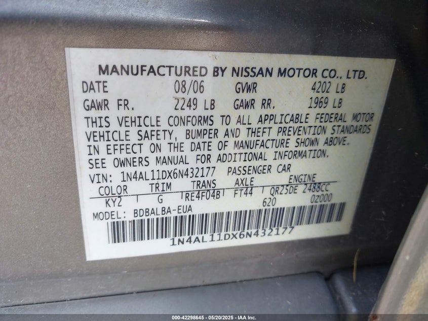 2006 NISSAN ALTIMA VIN: 1N4AL11DX6N432177