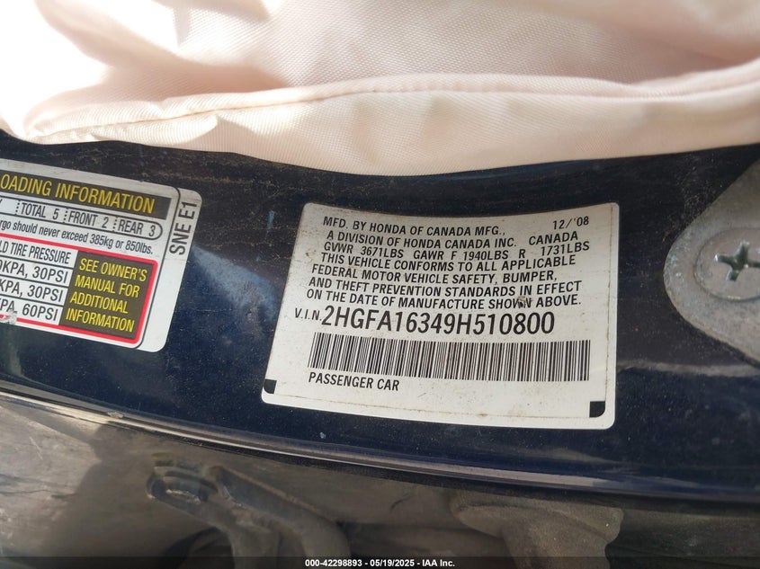 2009 HONDA CIVIC VIN: 2HGFA16349H510800