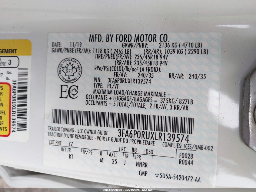 2020 FORD FUSION HYBRID VIN: 3FA6P0RUXLR139574