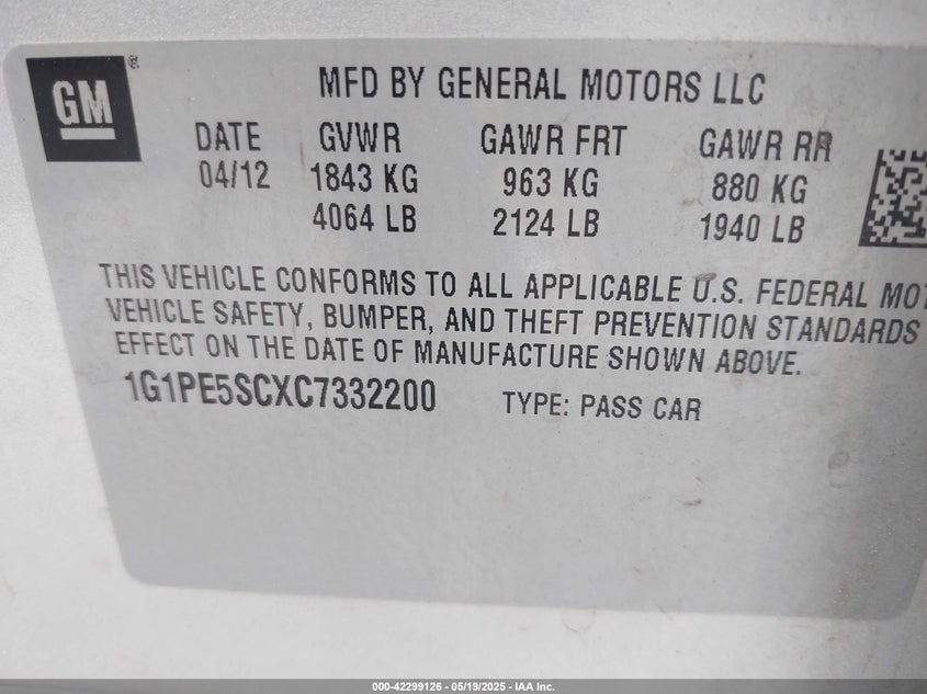 2012 CHEVROLET CRUZE VIN: 1G1PE5SCXC7332200