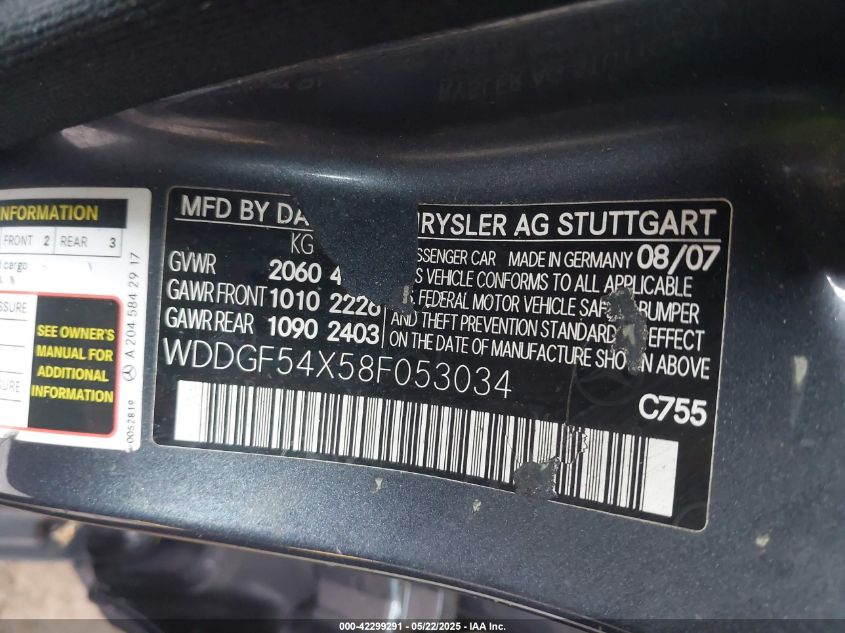 2008 Mercedes-Benz C 300 Luxury/Sport VIN: WDDGF54X58F053034 Lot: 42299291