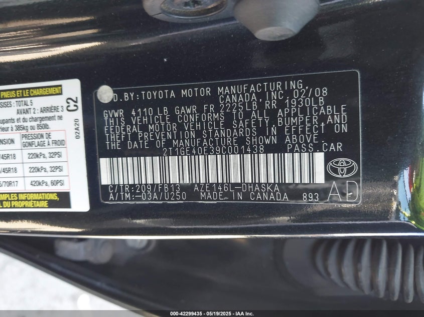 2009 TOYOTA MATRIX VIN: 2T1GE40E39C001438