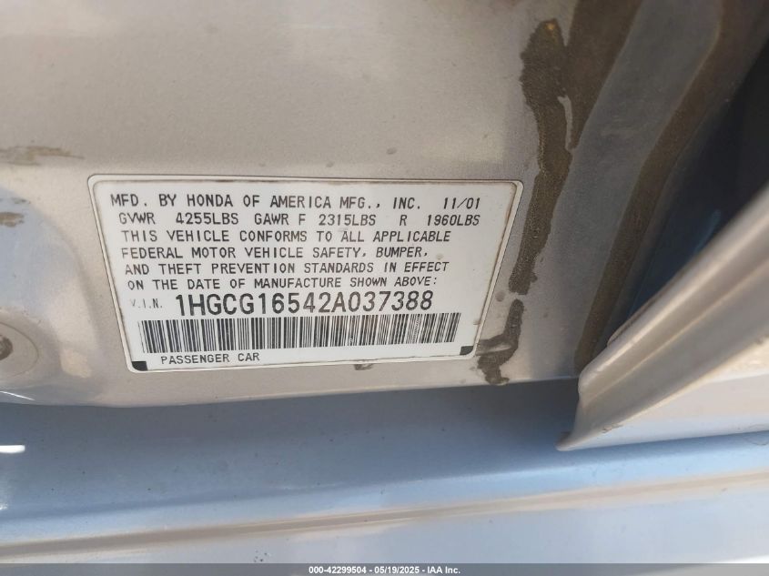 2002 Honda Accord 3.0 Ex VIN: 1HGCG16542A037388 Lot: 42299504