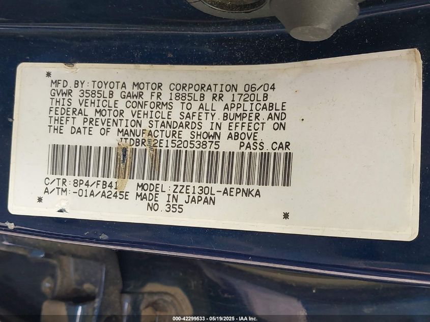 2005 Toyota Corolla Le VIN: JTDBR32E152053875 Lot: 42299533