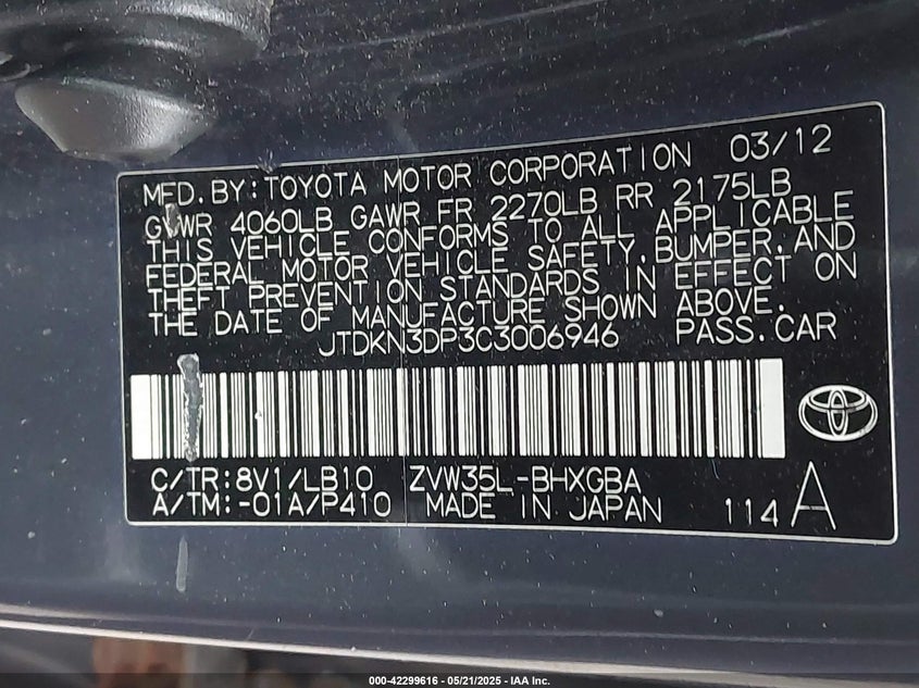 2012 TOYOTA PRIUS PLUG-IN VIN: JTDKN3DP3C3006946