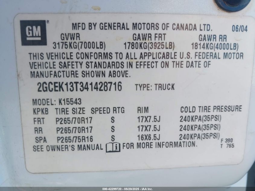 2004 Chevrolet Silverado 1500 Z71 VIN: 2GCEK13T341428716 Lot: 42299720