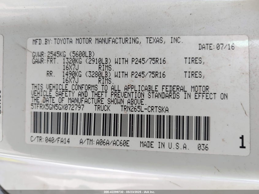 2016 TOYOTA TACOMA SR - 5TFRX5GN5GX072797