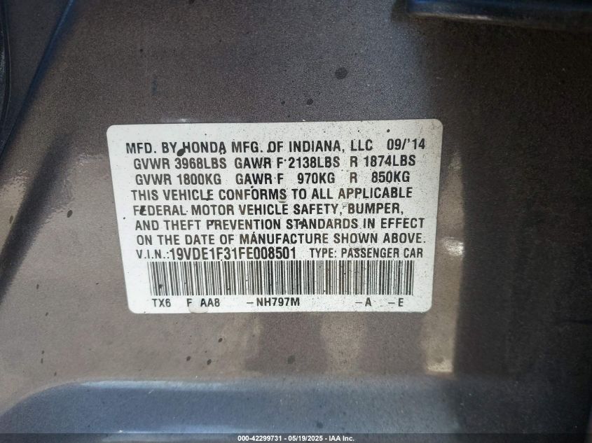 2015 Acura Ilx 2.0L VIN: 19VDE1F31FE008501 Lot: 42299731